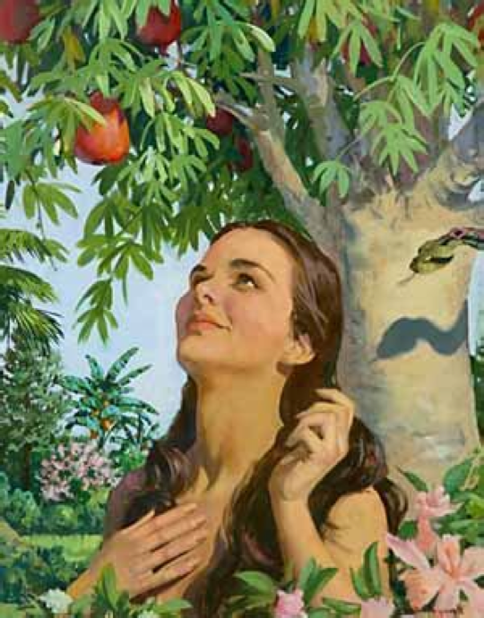Picture of Eve Eve looking at an apple.